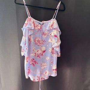 Flowy blue with red/cream floral pattern off-the-shoulder blouse size Large